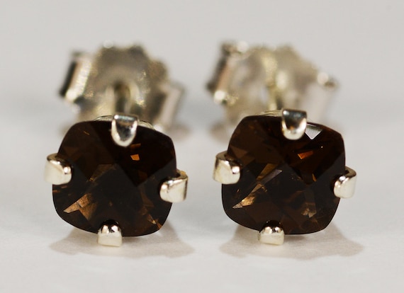 Smokey Quartz Earrings~.925 Sterling Silver Setting~5mm Cushion Cut~Genuine Natural Mined