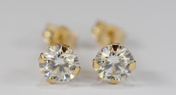 Moissanite Earrings~14 KT Yellow Gold~5mm Round Cut~Genuine