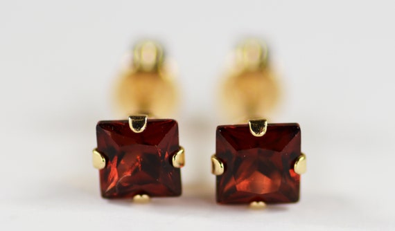 Garnet Earrings~14KT Yellow Gold Setting~4mm Princess Cut~Genuine Natural Mined