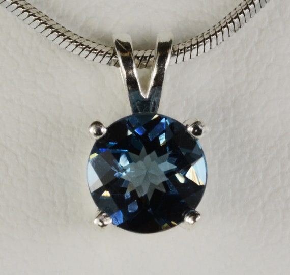 London Blue Topaz  Pendant~Heavy .925 Sterling Silver Setting ~ 7mm Round ~ Genuine Natural Mined