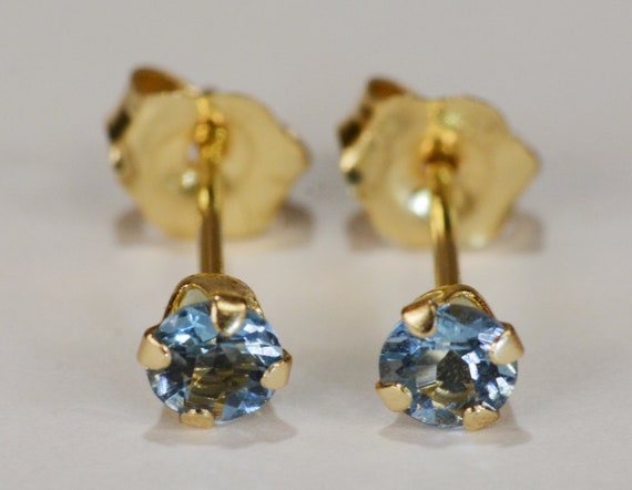 Aquamarine Earrings~14 KT Yellow Gold Setting~3mm Round Cut~Genuine Natural Mined