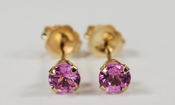Pink Sapphire Earrings~14 KT Yellow Gold Setting~4mm Round~Genuine Natural Mined