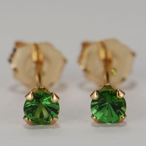 Green Tsavorite Earrings~14 KT Yellow Gold~3mm Round Cut~Genuine Natural Mined