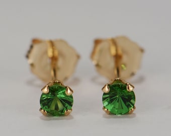 Green Tsavorite Earrings~14 KT Yellow Gold~3mm Round Cut~Genuine Natural Mined