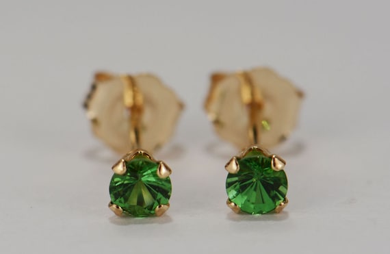 Green Tsavorite Earrings~14 KT Yellow Gold~3mm Round Cut~Genuine Natural Mined