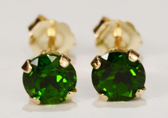 Chrome Diopside Earrings~14kt Yellow Gold Setting~5mm Round~Genuine Natural Mined