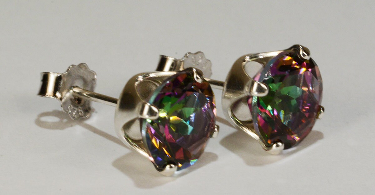 Mystic Green Topaz Earrings.925 Sterling Silver Setting8mm Round CutGenuine Natural Mined
