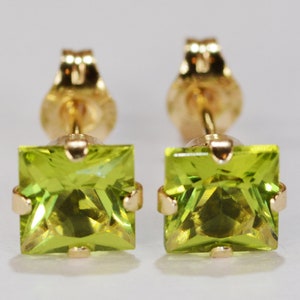 Peridot Earrings~14KT Yellow Gold Setting~5mmPrincess~Genuine Natural Mined