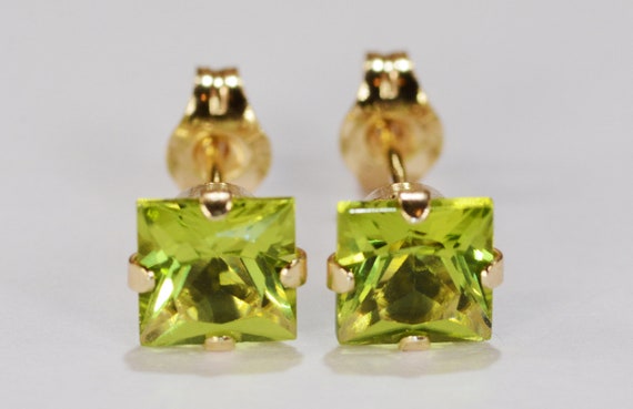 Peridot Earrings~14KT Yellow Gold Setting~5mmPrincess~Genuine Natural Mined