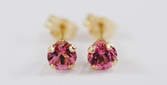 Pink Tourmaline Earrings ~ 14 KT Yellow Gold Setting~4mm Round~Genuine Natural Mined