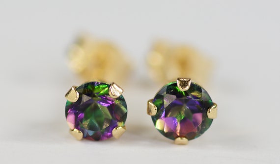 Mystic Green Topaz Earrings~14 KT Yellow Gold Setting~4mm Round~Genuine Natural Mined