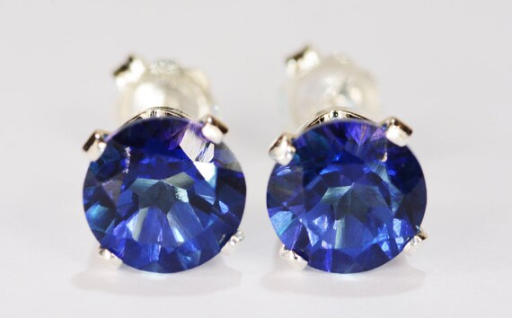 Mystic Cobalt Blue Topaz Earrings~.925 Sterling Silver Setting~7mm Round Cut~Genuine Natural Mined