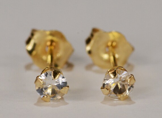 White Sapphire Earrings~14 KT Yellow Gold~3mm Round Cut~Genuine Natural Mined