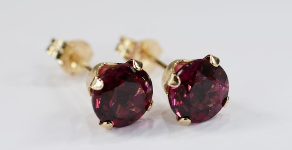 Rhodolite Garnet Earrings~14KT Yellow Gold 4-Prong Setting~6mm Round~Genuine Natural Mined