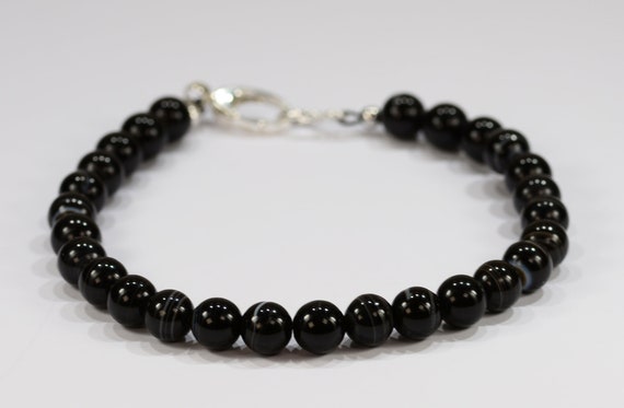 Banded Black Agate Bead Bracelet~.925 Sterling Silver Clasp~6mm Beads~Custom Sizing