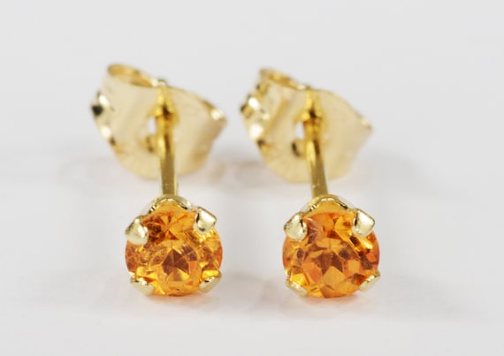 Mandarin Garnet Earrings~14 KT Yellow Gold~3mm Round Cut~Genuine Natural Mined
