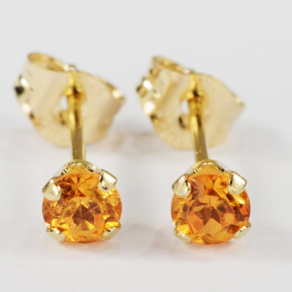 Mandarin Garnet Earrings~14 KT Yellow Gold~3mm Round Cut~Genuine Natural Mined