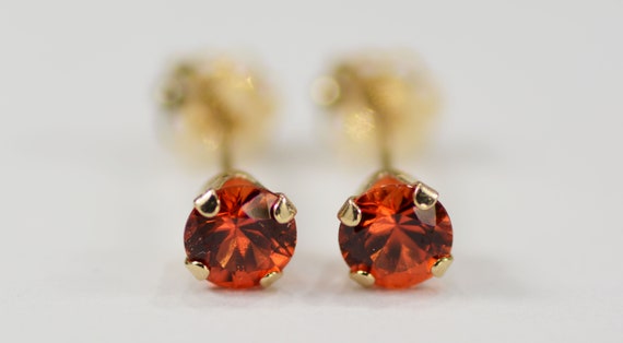 Orange Sapphire Earrings~14 KT Yellow Gold Setting~4mm Round~Genuine Natural Mined