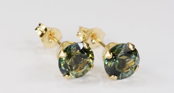 Mystic Forest Green Topaz Earrings 14KT Yellow Gold Setting~6mm Round Cut~Genuine Natural Mined Gemstones