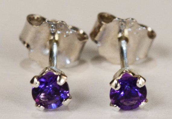 Purple Amethyst Earrings~.925 Sterling Silver Setting~3mm Round Cut~Genuine Natural Mined