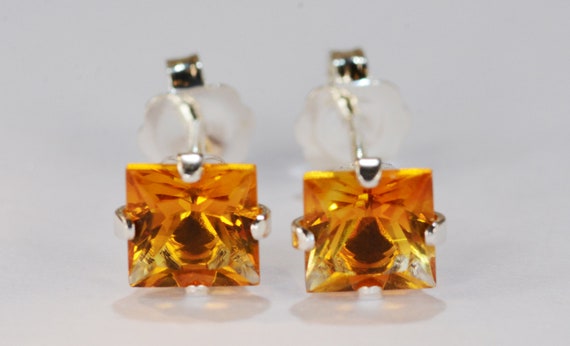 Citrine Earrings~.925 Sterling Silver Setting~5mm Princess Cut~Genuine Natural Mined Gemstones