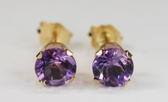 Amethyst Earrings~14KT Yellow Gold 4 Prong Setting~6mm Round~Genuine Natural Mined