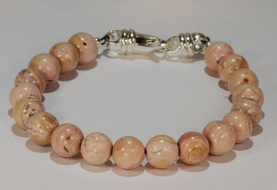 Rhodocrisite Bead Bracelet~.925 Sterling Silver Clasp~9mm Beads