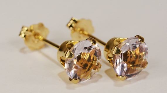 Pink Amethyst Earrings~14KT Yellow Gold 4 Prong Setting~6mm Round~Genuine Natural