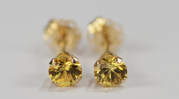 Yellow Sapphire Earrings~14 KT Yellow Gold Setting~4mm Round~Genuine Natural Mined