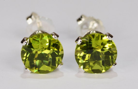 Peridot Earrings~.925 Sterling Silver Setting~7mm Round Cut~Genuine Natural Mined