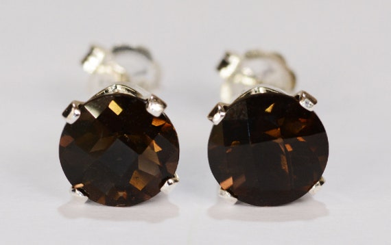 Smoky Quartz Earrings~.925 Sterling Silver Setting~7mm Round Cut~Genuine Natural Mined
