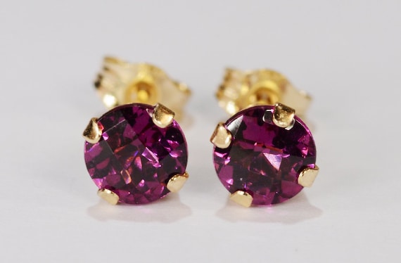 Rhodolite Garnet Earrings~14KT Yellow Gold Setting~5mm Round~Genuine Natural Mined