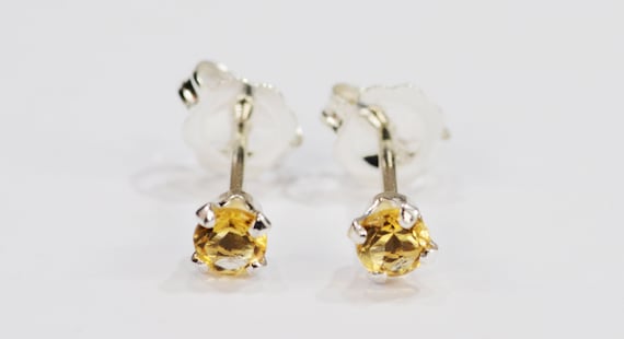 Yellow Citrine Earrings~.925 Sterling Silver Setting~3mm Round Cut~Genuine Natural Mined