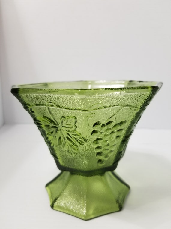 Indiana Glass Grape Motif Green Glass Footed Bowl Depression Glass