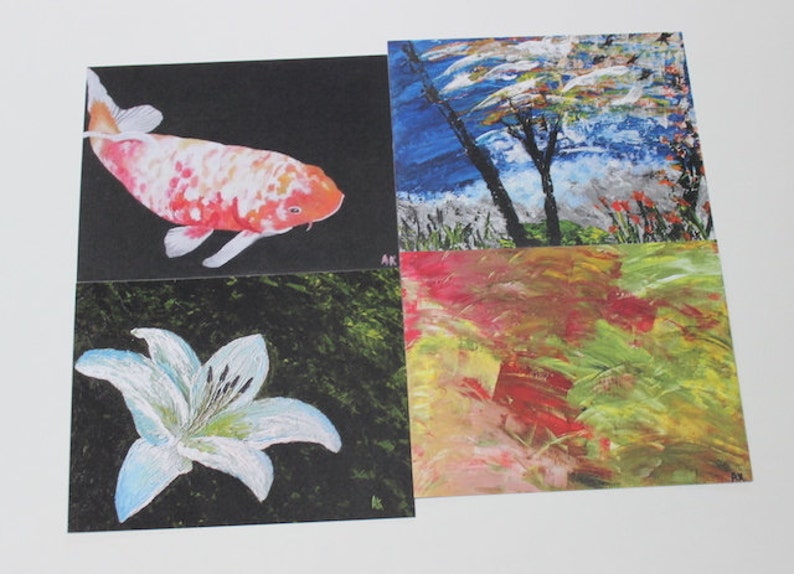 Set of 4 Art Cards, Party Weddings Birthdays Invitations, Birthdays Thank you Hostess Card, Holiday Greetings Spring, Japanese Koi Fish Card image 3