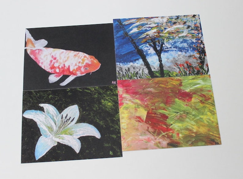 Set of 4 Art Cards, Party Weddings Birthdays Invitations, Birthdays Thank you Hostess Card, Holiday Greetings Spring, Japanese Koi Fish Card image 5