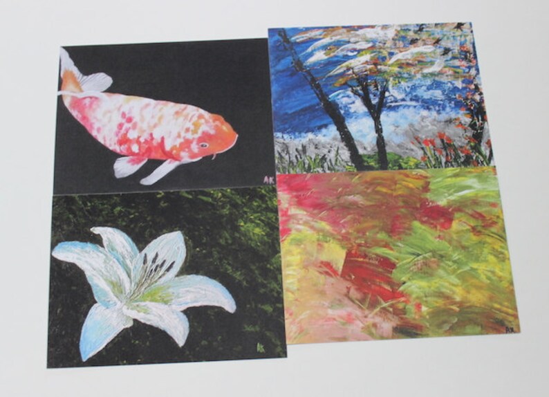 Set of 4 Art Cards, Party Weddings Birthdays Invitations, Birthdays Thank you Hostess Card, Holiday Greetings Spring, Japanese Koi Fish Card image 2