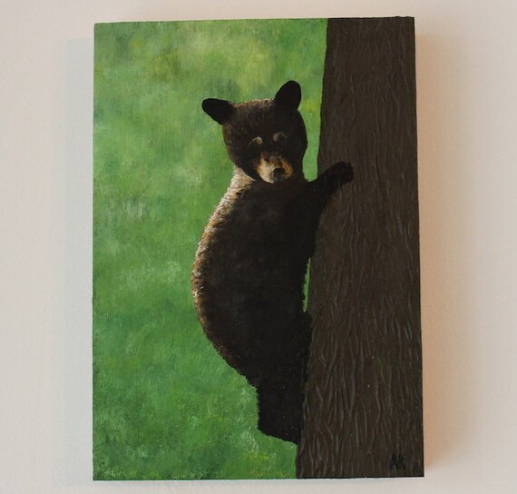 Wildlife Young Bear Original Acrylic Baby Animal Painting on Wood Gift for New Mom Home Decor Nursery Baby Shower Gift Nursery Children Room