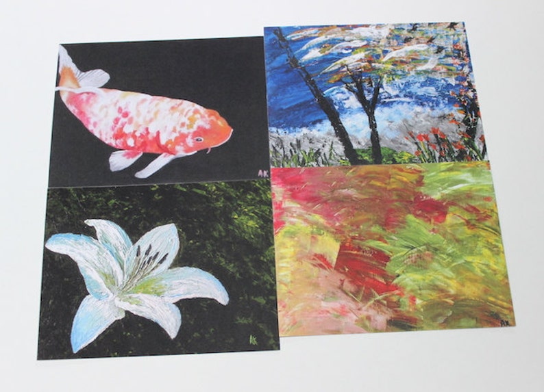 Set of 4 Art Cards, Party Weddings Birthdays Invitations, Birthdays Thank you Hostess Card, Holiday Greetings Spring, Japanese Koi Fish Card image 1