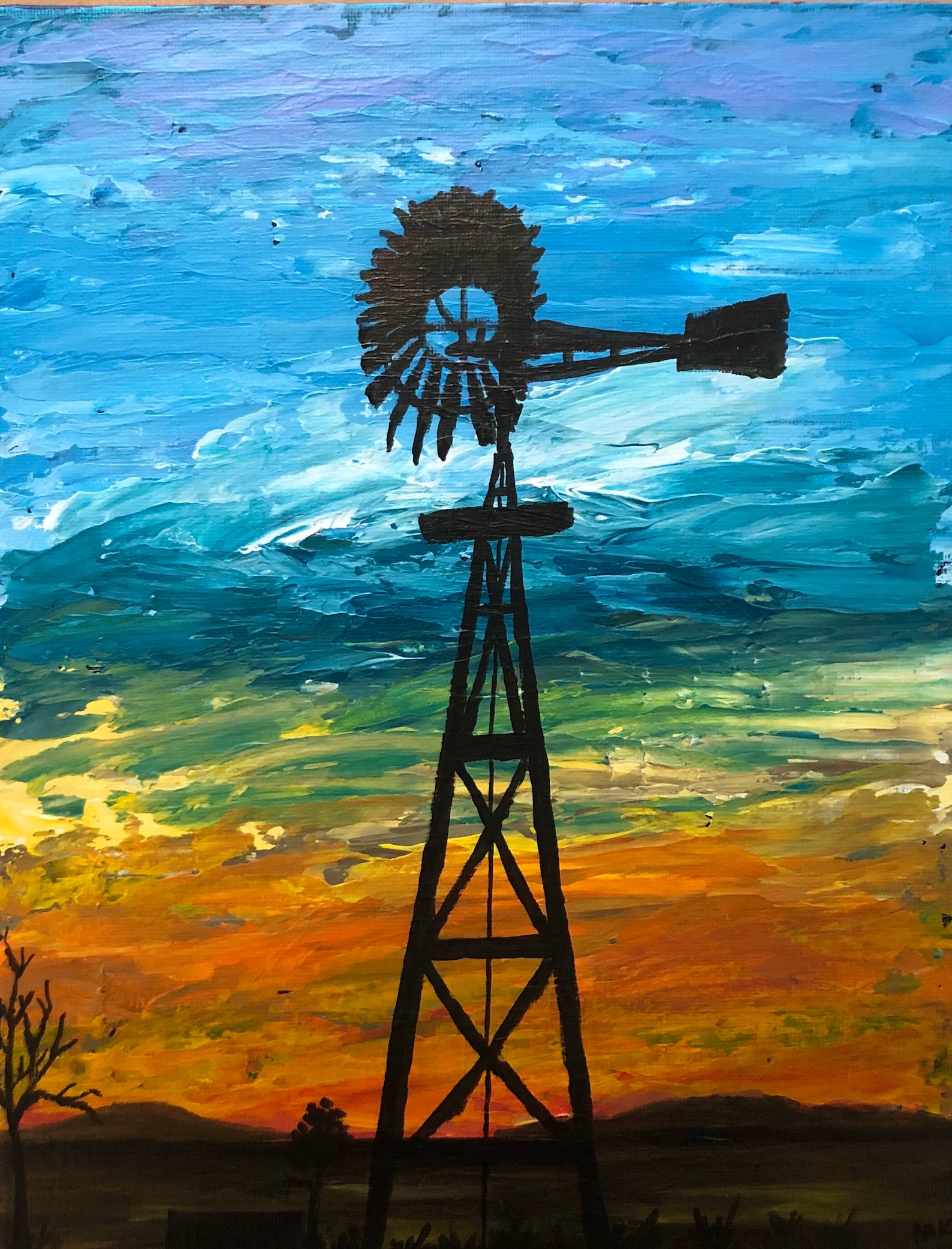 Original 11 x 14 Acrylic Windmill Painting on a Etsy