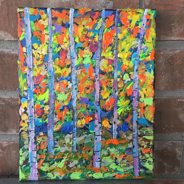 Colorful abstract Aspen Grove painting 8" X 10" on stretched canvas.