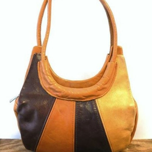 Vintage Tan & Brown Striped Leather Mod 1960s Gogo Girl Tote Bag