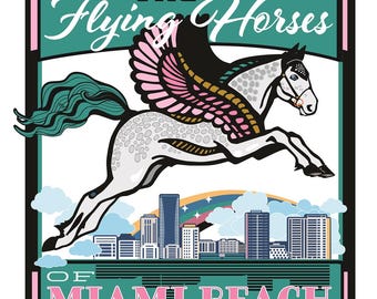 Flying Horses of Miami Beach Pin, Equestrian Art Brooch with Miami Skyline Design