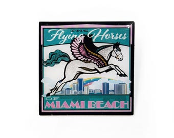 Flying Horses of Miami Beach Pin, Equestrian Art Brooch with Miami Skyline Design
