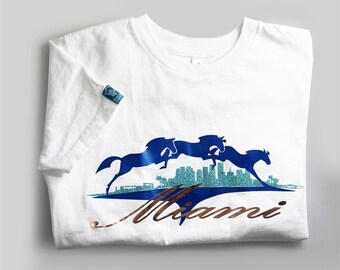 Kids Show Jumping T-Shirt, Miami Skyline Graphic Tee, Equestrian Horse Lover Gift