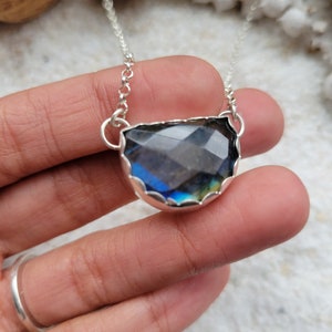 Labradorite Faceted Pendant, Sterling Silver Labradorite Pendant, Labradorite Jewelry, Gift for her, Blue Labradorite, Halfmoon Labradorite