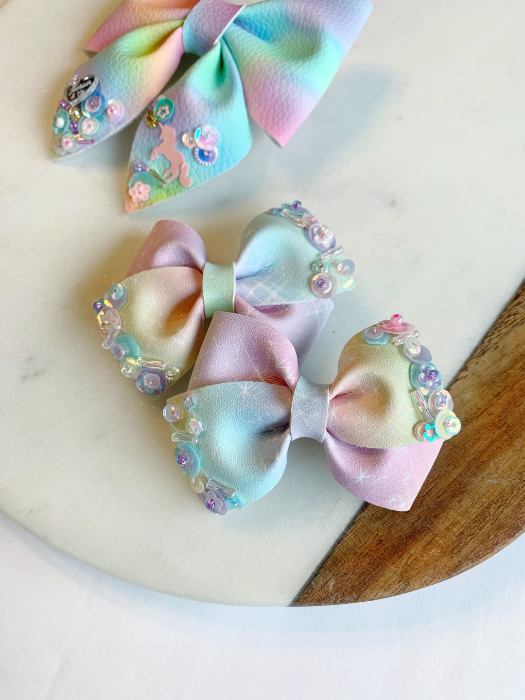 Sequin Dipped Hair Bow, Girls Pastel Rainbow Hair Clip, Pastel Rainbow