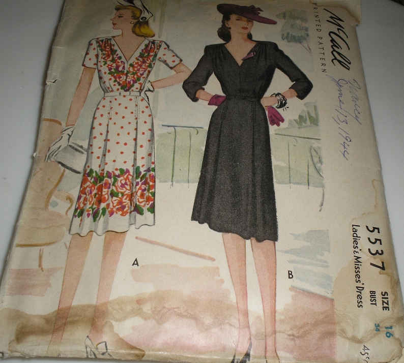 1940s McCall 5537 Misses V Neck Dress Pattern sz 16 bust 34