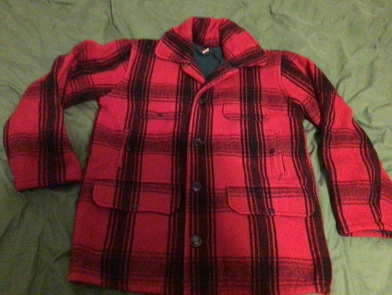 1960s Johnson Hunting Togs Wool Red Black Plaid Coat Sz 38