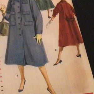 May include: A vintage sewing pattern featuring three different styles of coats. The first coat is blue, the second is green, and the third is red. The pattern is labeled "Simple to Make".